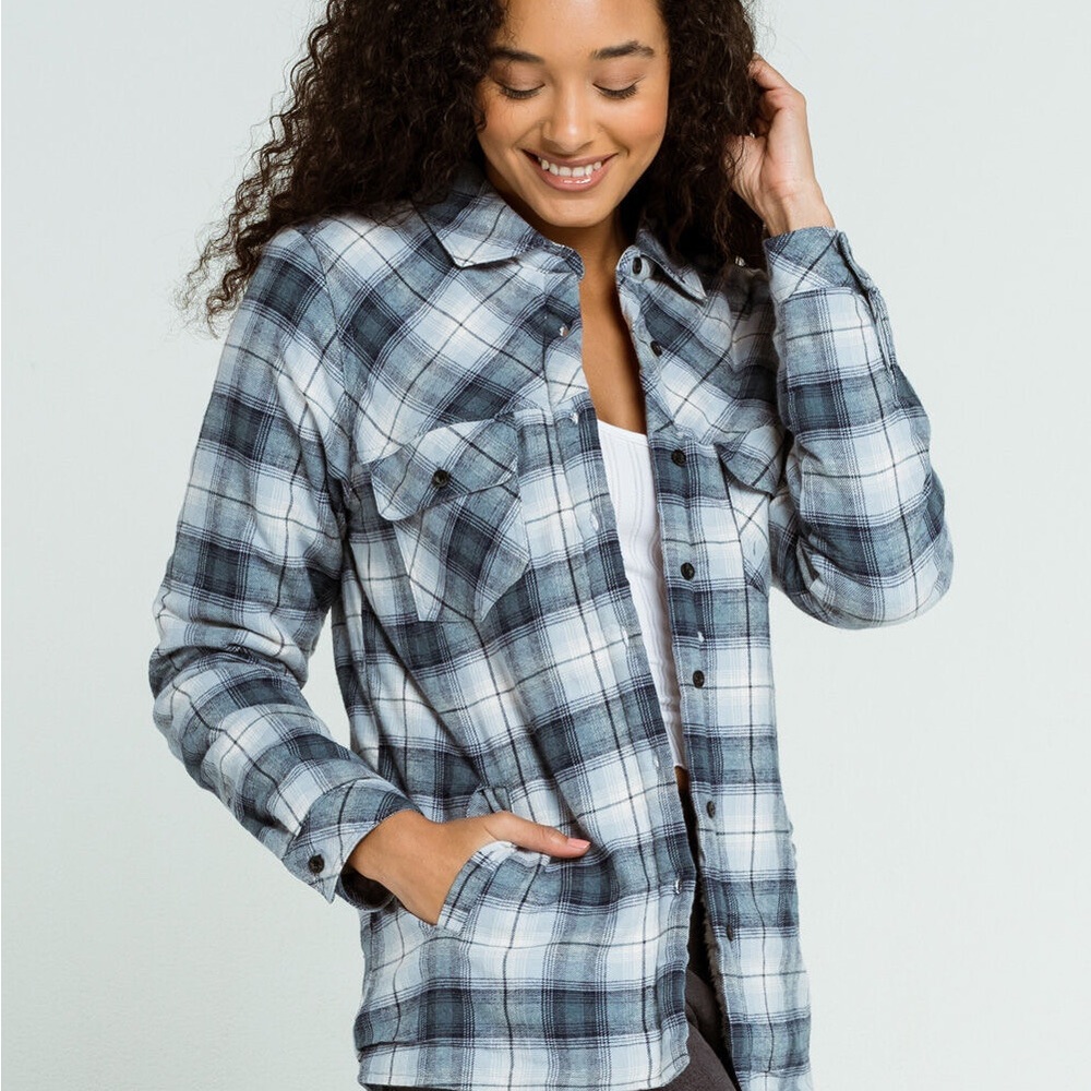 RSQ Sherpa Lined Plaid Womens Blue Shirt